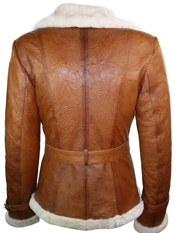 Womens Tan Brown Double Breasted Shearling Jacket-4