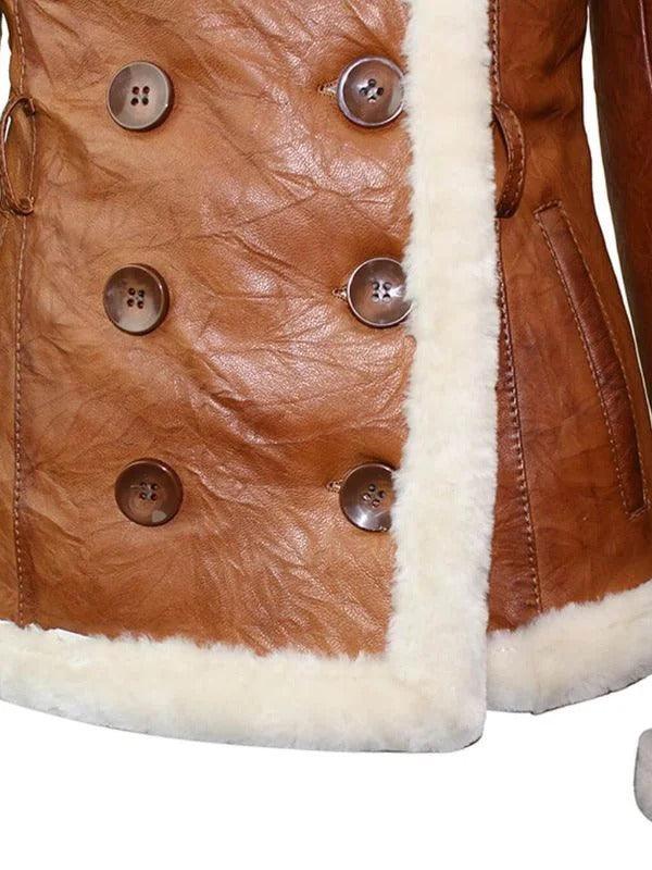 Womens Tan Brown Double Breasted Shearling Jacket-6