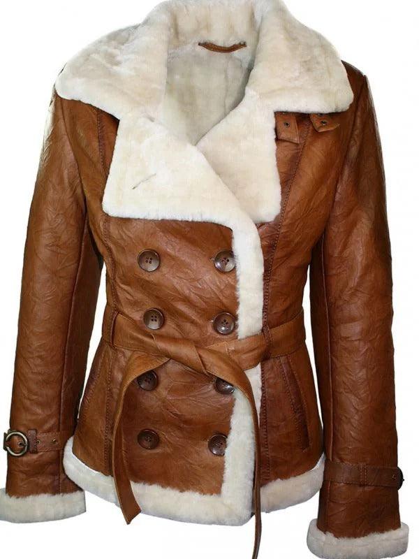 Womens Tan Brown Double Breasted Shearling Jacket