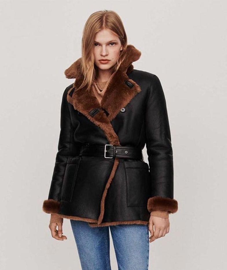Black shearling aviator jacket womens online