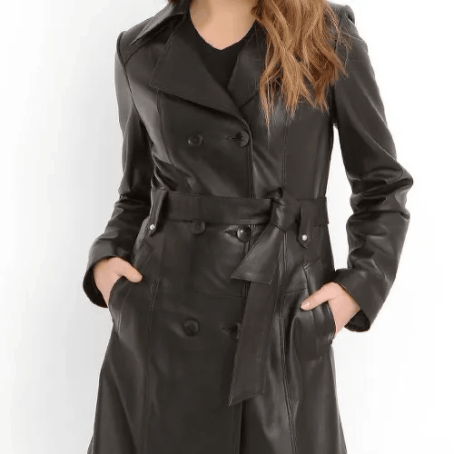 Womens long black leather trench coat-3