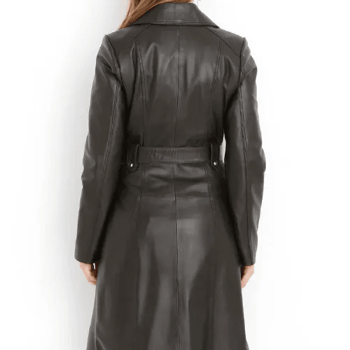 Womens long black leather trench coat-1
